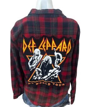 Def Leppard Plaid Flannel Shirt LARGE World Tour Concert Oversize Upcycle Unique